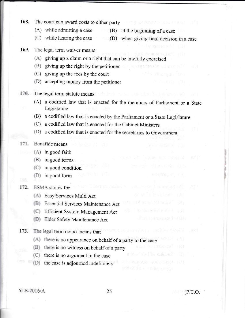 Kerala LLB 5 Year 2016 Question Paper PDF