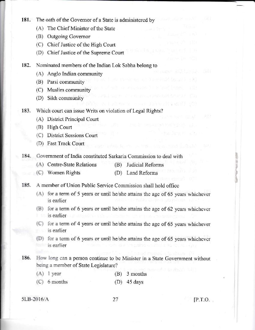Kerala LLB 5 Year 2016 Question Paper PDF