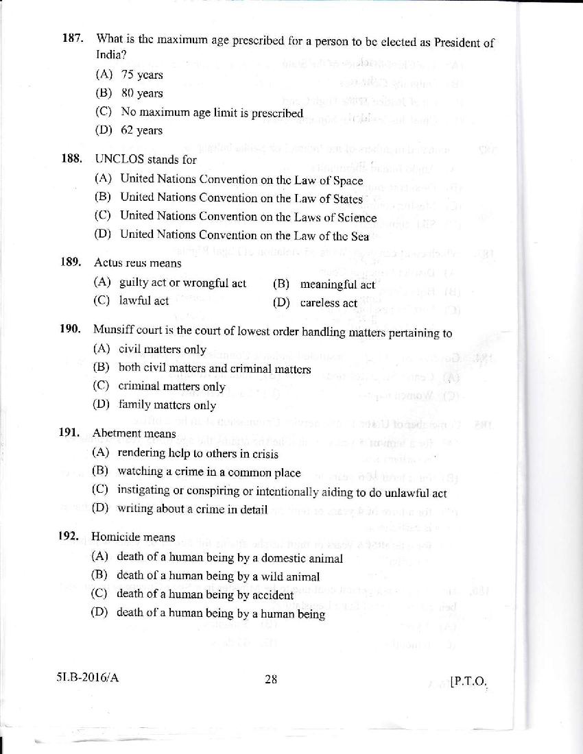 Kerala LLB 5 Year 2016 Question Paper PDF