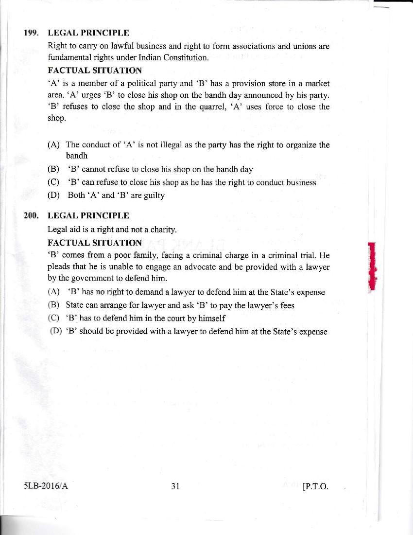 Kerala LLB 5 Year 2016 Question Paper PDF