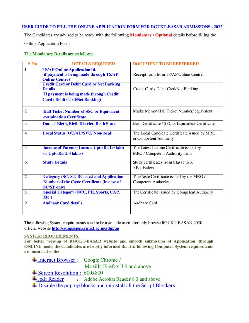 RGUKT 6-yr B.Tech Admission 2022 User Manual