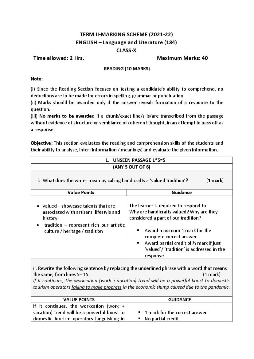 CBSE Class 10 Marking Scheme 2022 for English Term 2 - Page 1