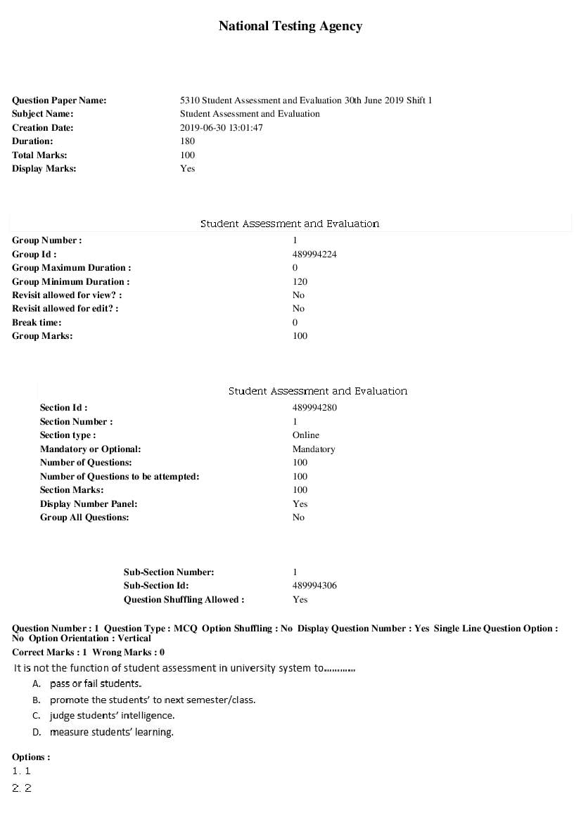 ARPIT 2019 Question Paper for Student Assessment and Evaluation Shift 1 - Page 1 of 36