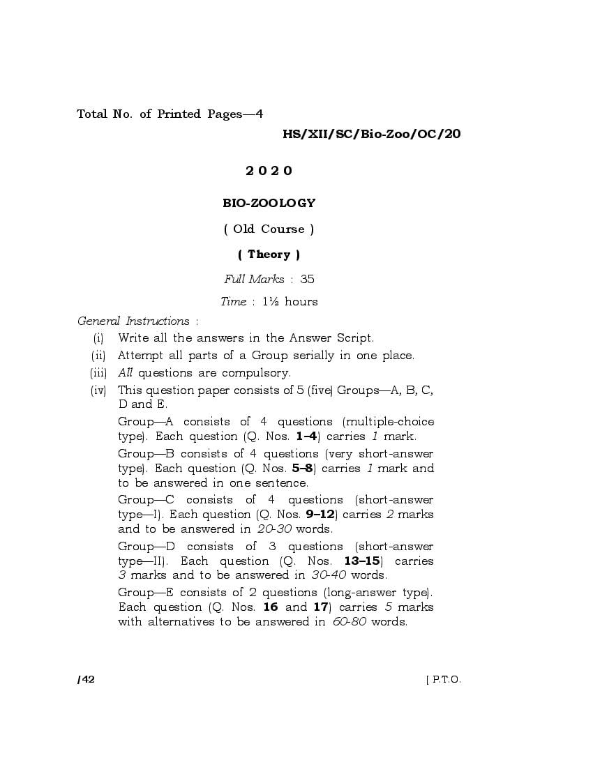 MBOSE Class 12 Question Paper 2020 for Bio Zoology - Page 1