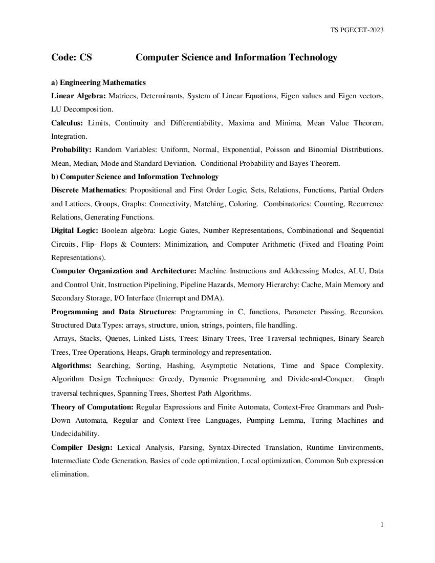 TS PGECET 2023 Syllabus Computer Science and Information Technology (CS) - Page 1