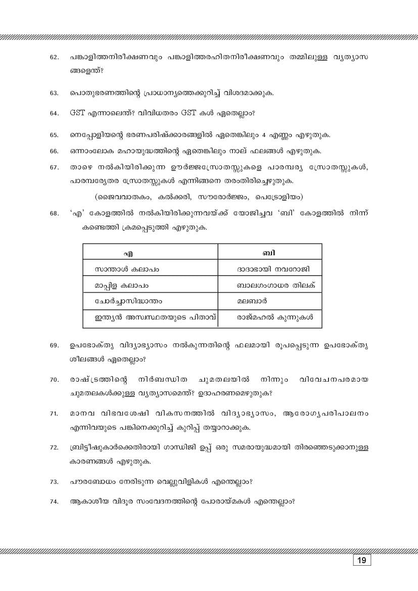 Kerala SSLC Social Science (Malayalam Medium) Question Pool (PDF)