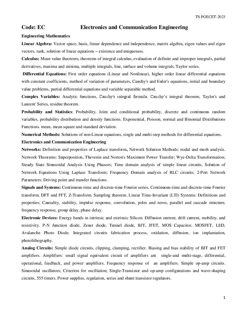TS PGECET 2023 Syllabus Electronics and Communication Engineering (EC) - Page 1