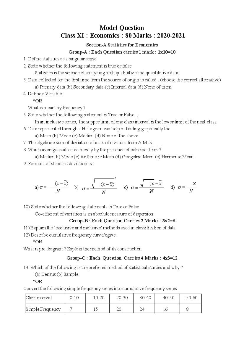 TBSE Class 11 Model Question Paper for 2021 Economics - Page 1