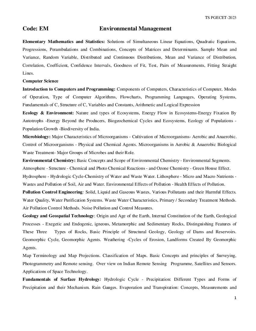 TS PGECET 2023 Syllabus Environmental Management (EM) - Page 1