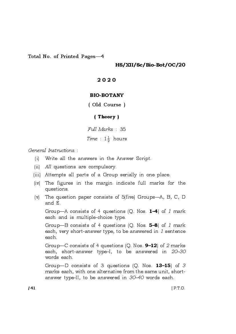 MBOSE Class 12 Question Paper 2020 for Bio Botany - Page 1