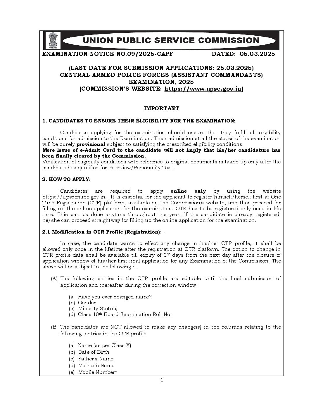 UPSC CAPF AC 2025 Notification - Page 1 of 26