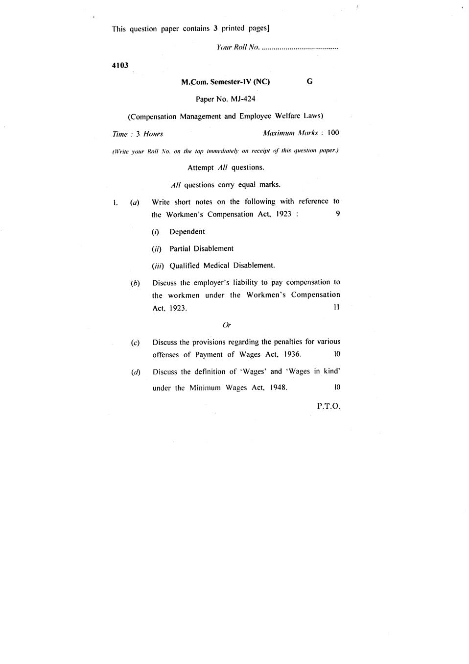 DU SOL M.Com Question Paper 2nd Year 2018 Sem 4 Compensation Management And Employee Welfare Laws - Page 1