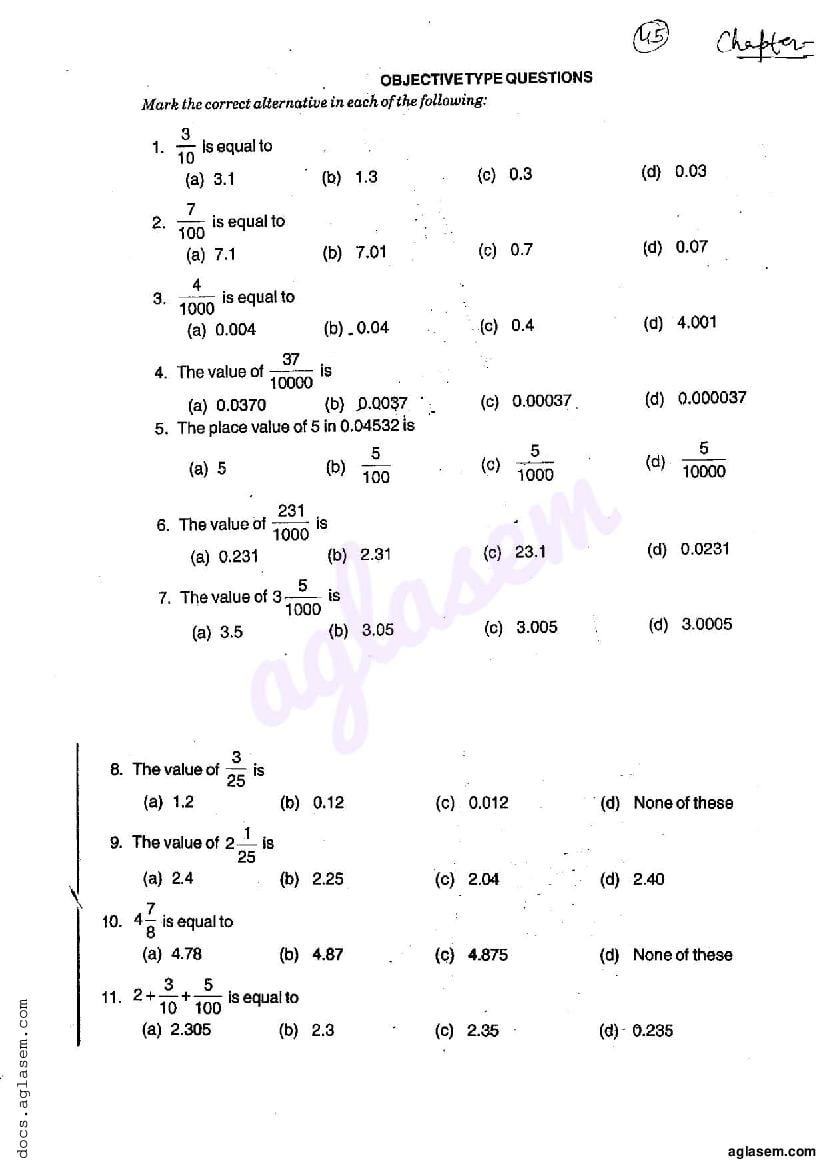 RD Sharma Solutions Class 6 Maths Chapter 7 Decimals MCQ - Page 1