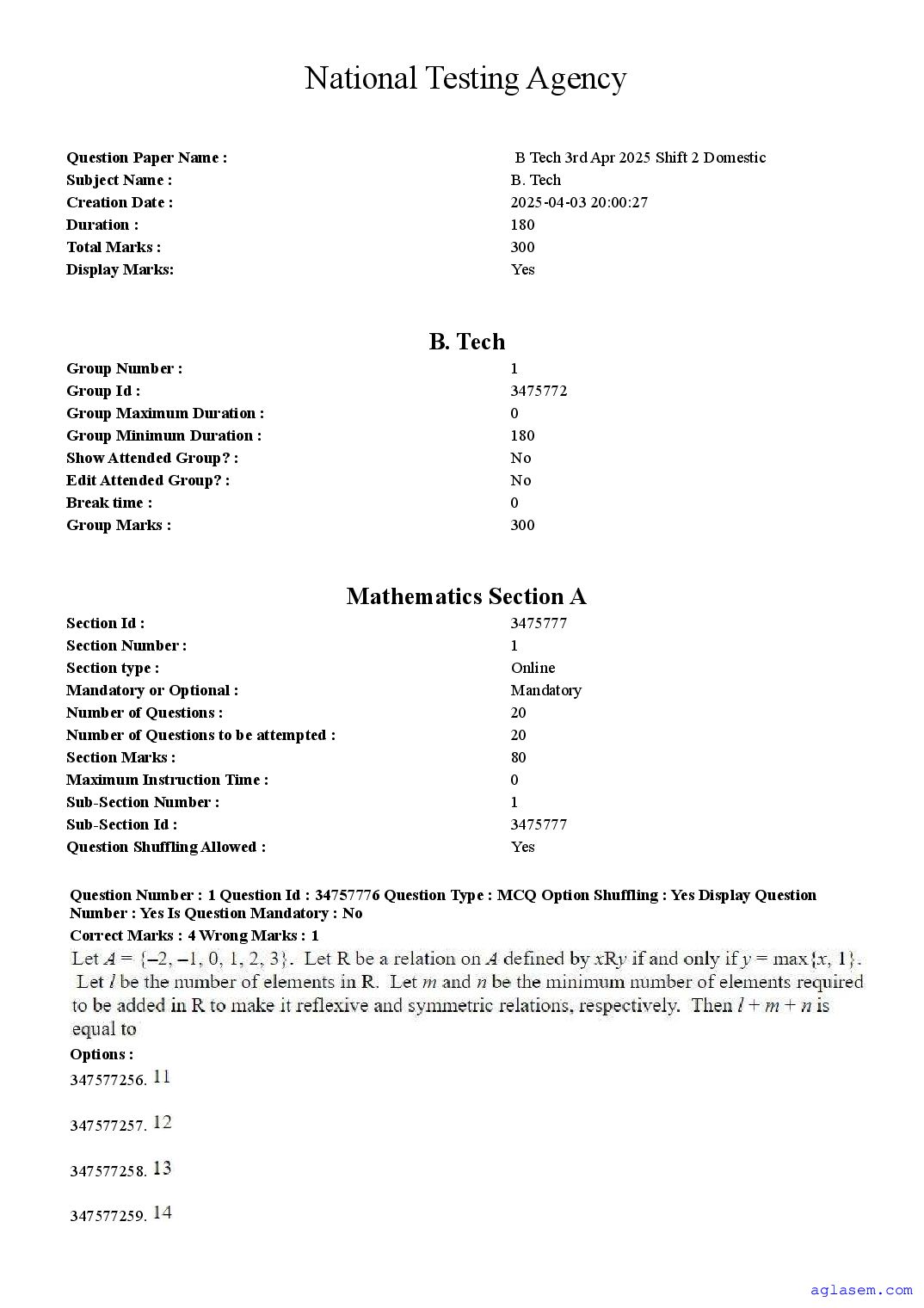 JEE Main 2025 Question Paper (B.Tech) - 3 Apr Shift 2 - Page 1 of 59