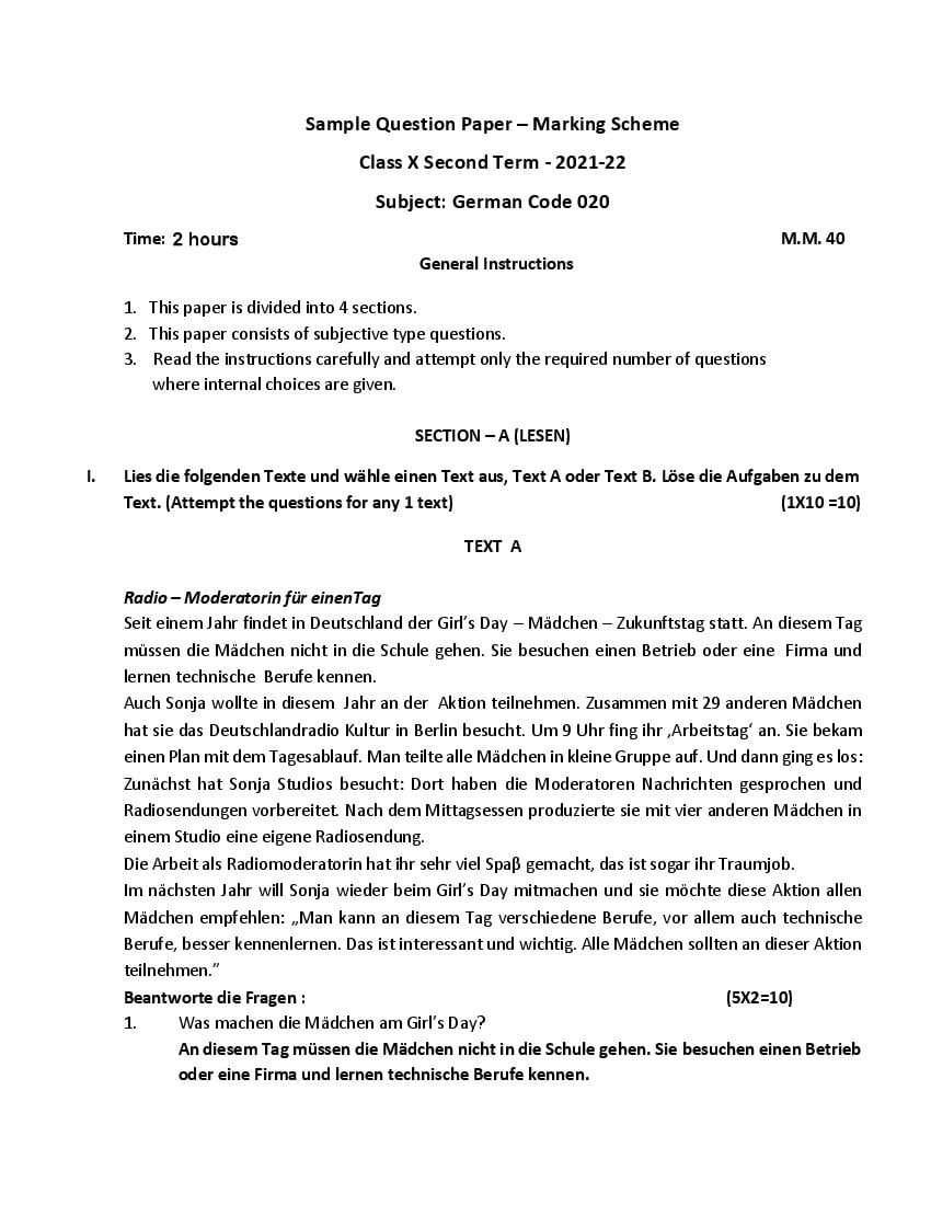 CBSE Class 10 Marking Scheme 2022 for German Term 2 - Page 1