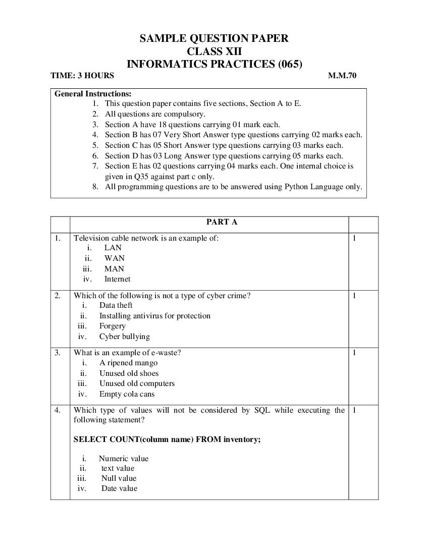 CBSE Class 12 Sample Paper 2023 Informatics Practices - Page 1