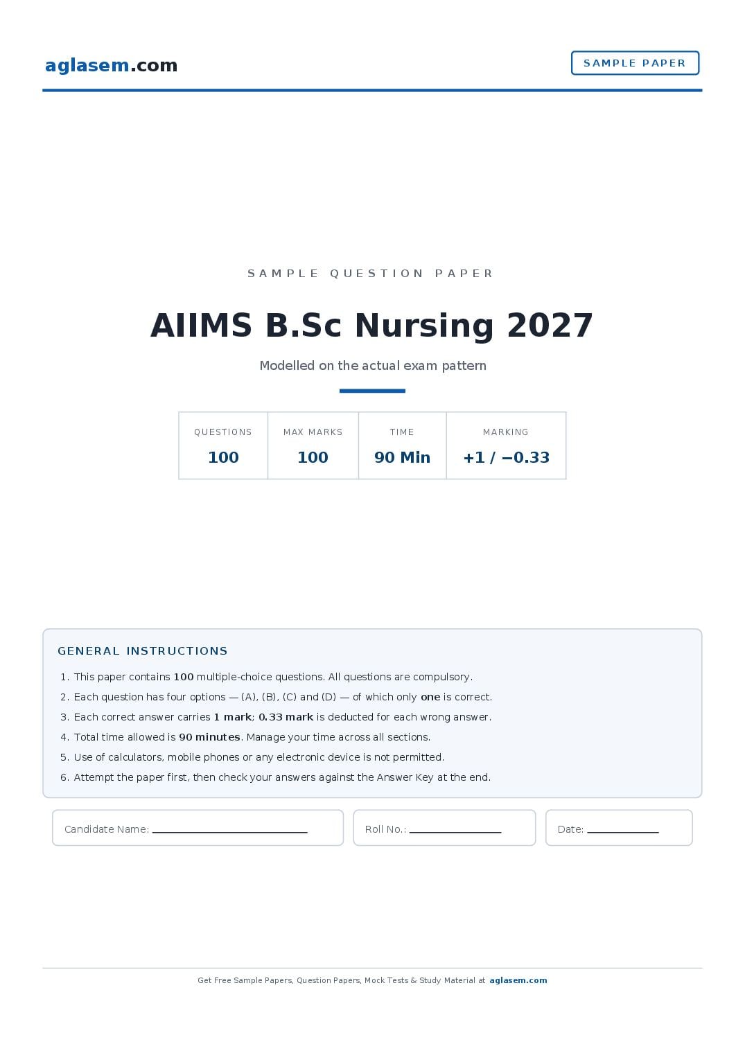 AIIMS B.Sc Nursing 2027 Sample Paper - Page 1 of 10