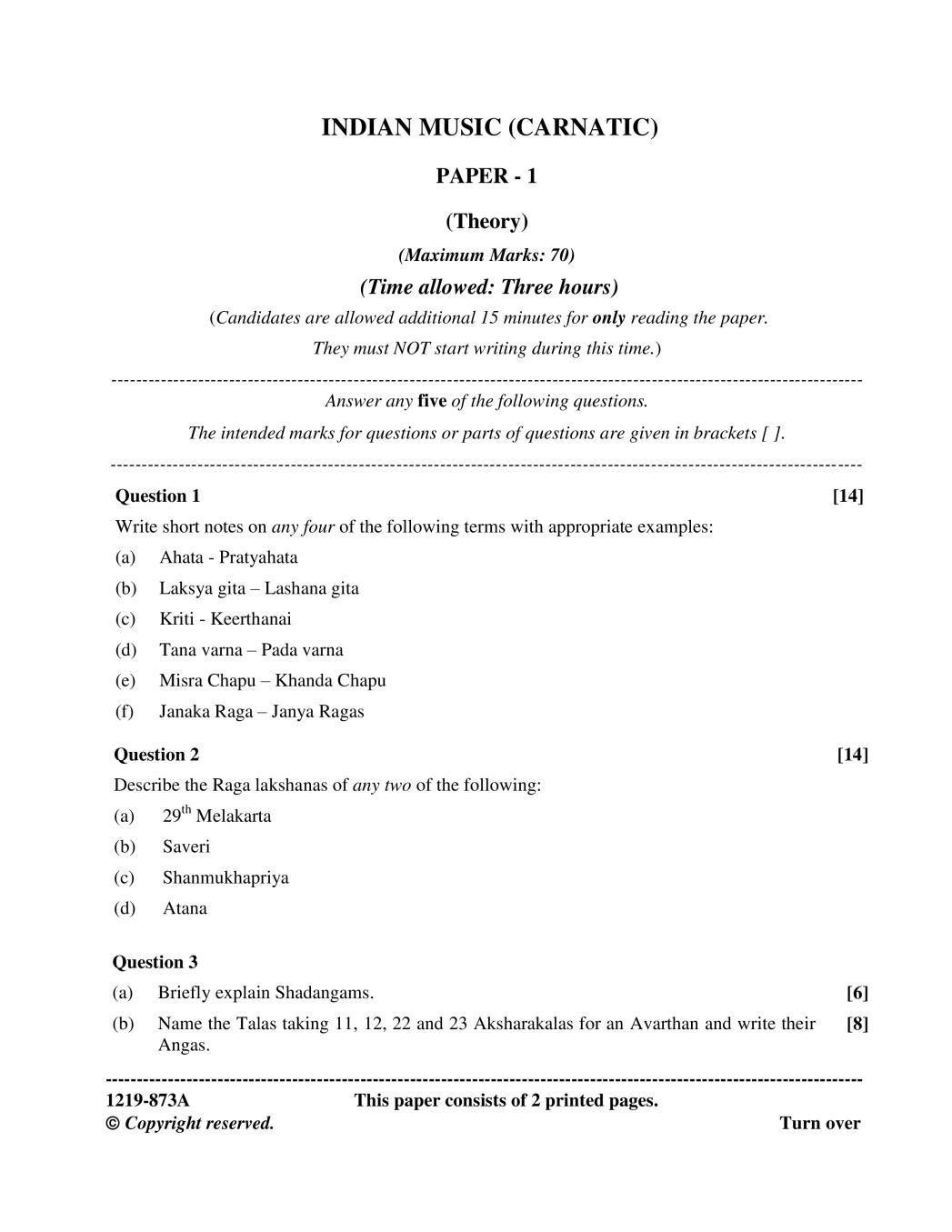 ISC Class 12 Question Paper 2019 for Indian Music Carnatic Paper 1 - Page 1