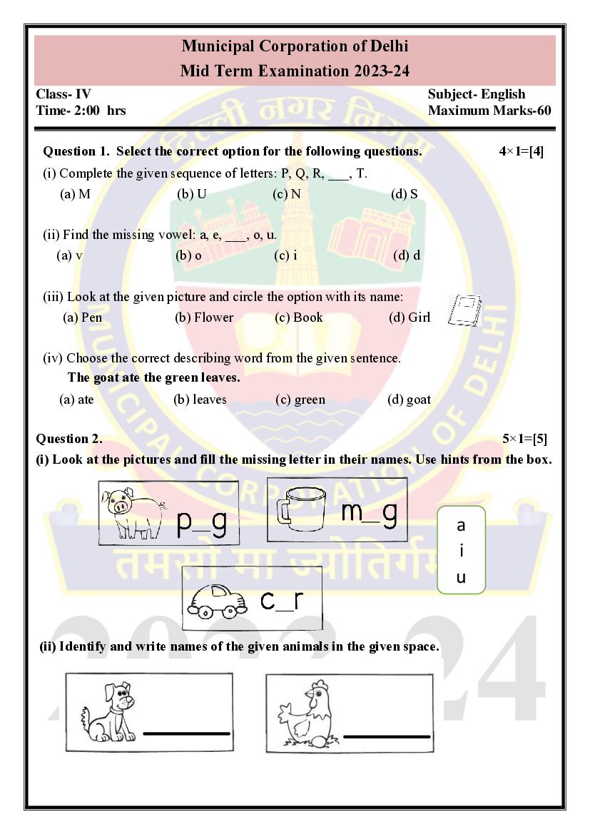 Delhi Class 4 Mid Term Question Paper 2023-24 English - Page 1 of 4