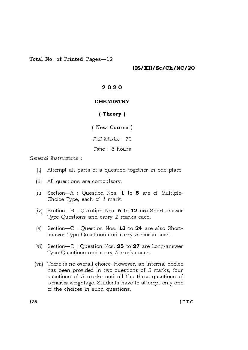 MBOSE Class 12 Question Paper 2020 for Chemistry New Course - Page 1