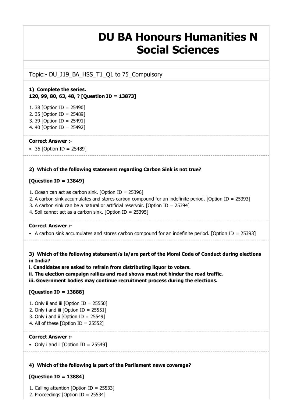 DUET Question Paper 2019 for BA _Hons._ Humanities And Social Sciences - Page 1