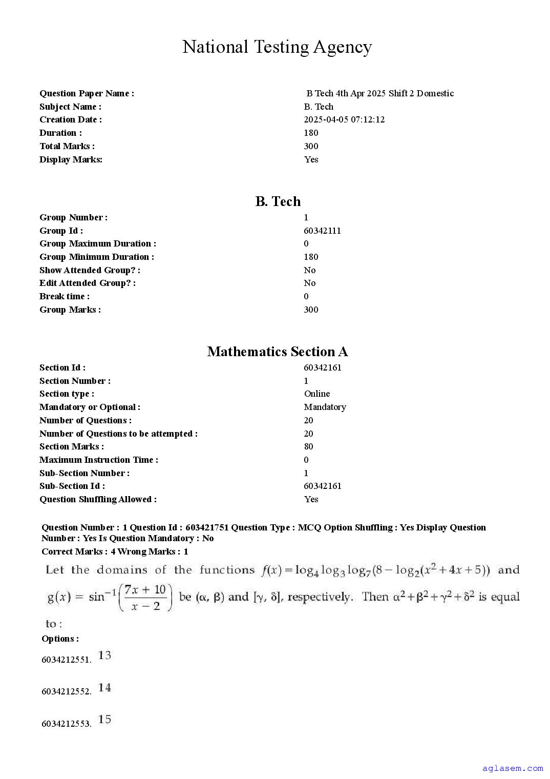 JEE Main 2025 Question Paper (B.Tech) - 4 Apr Shift 2 - Page 1 of 67
