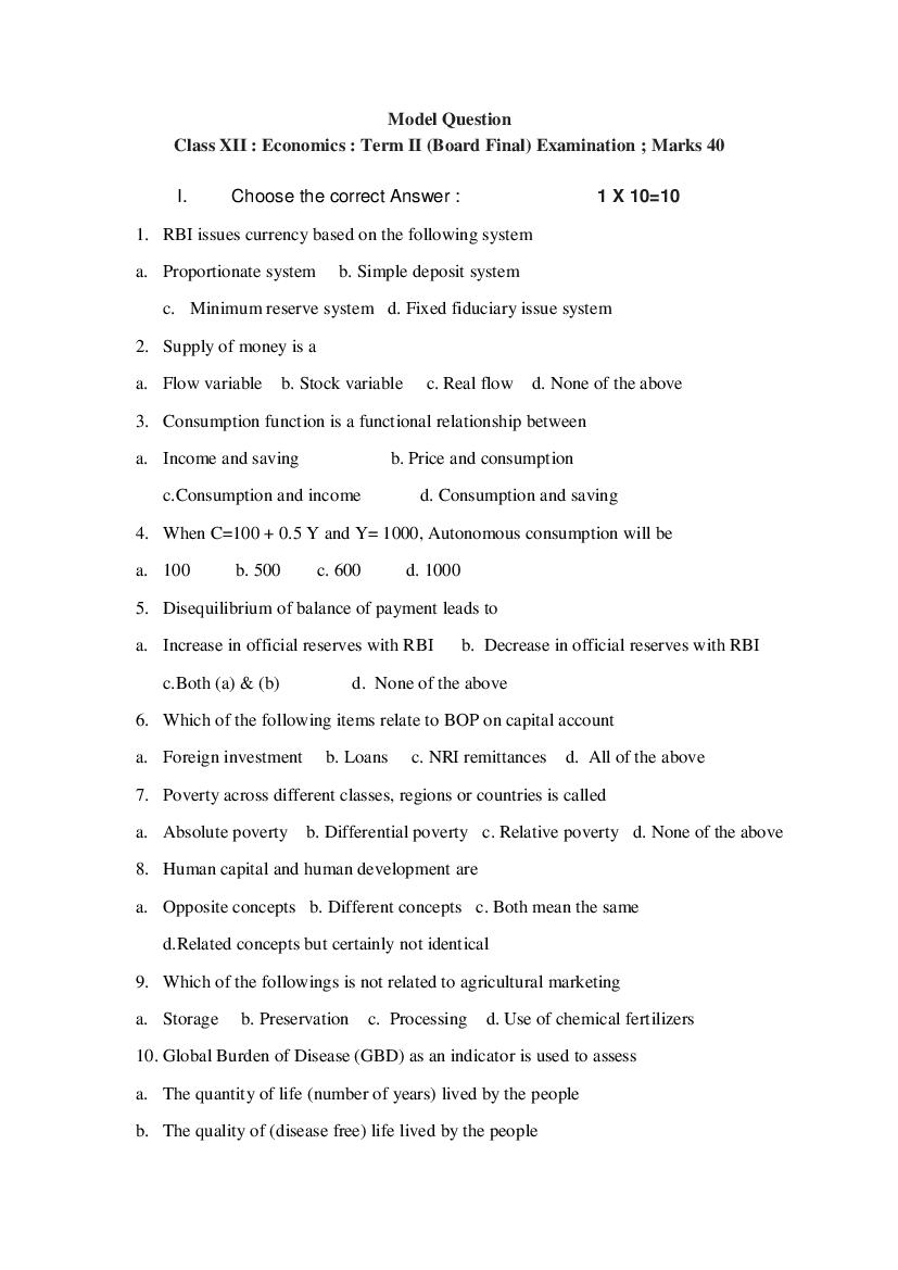 TBSE Class 12 Sample Paper 2022 Economics Term 2 - Page 1