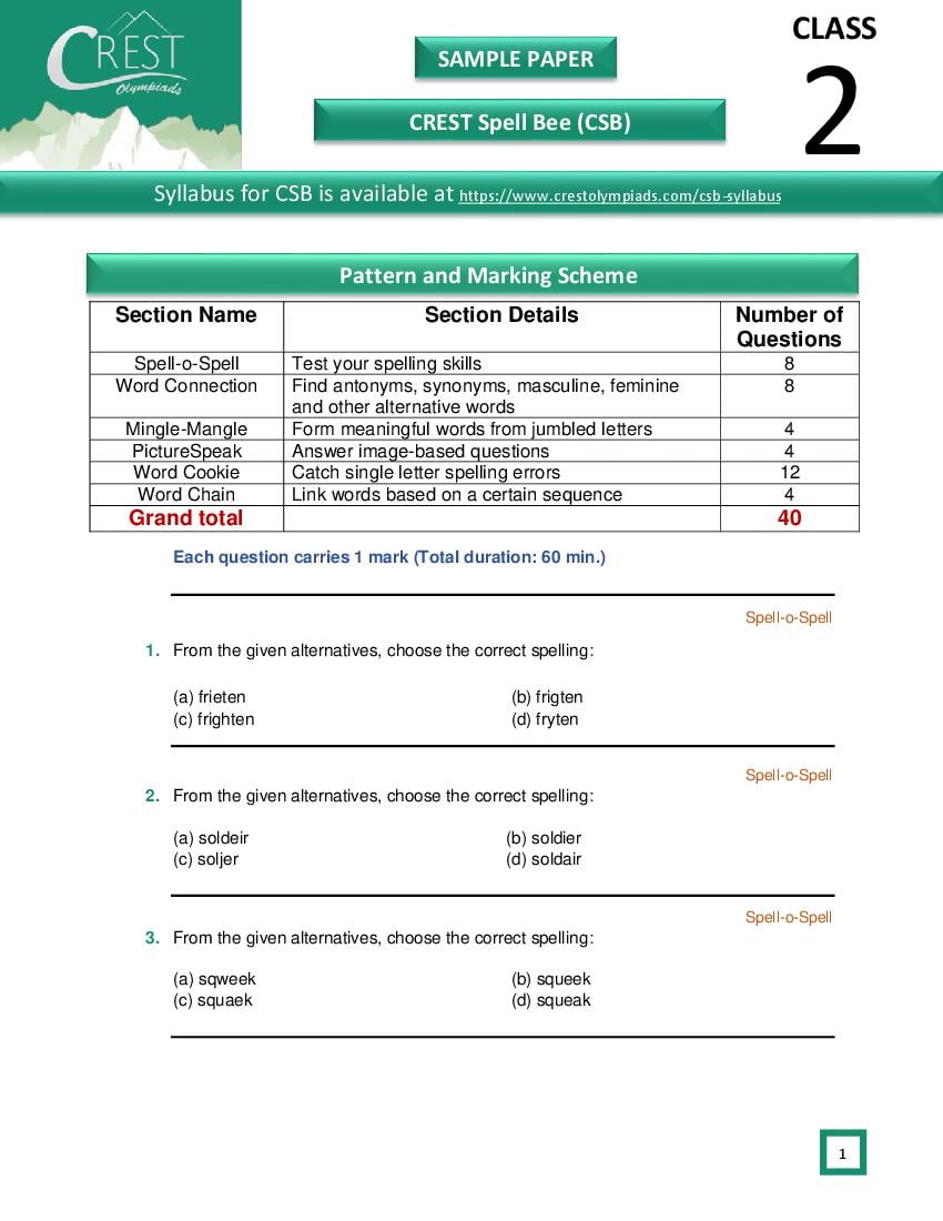 CREST International Spell Bee (CSB) Class 2 Sample Paper - Page 1