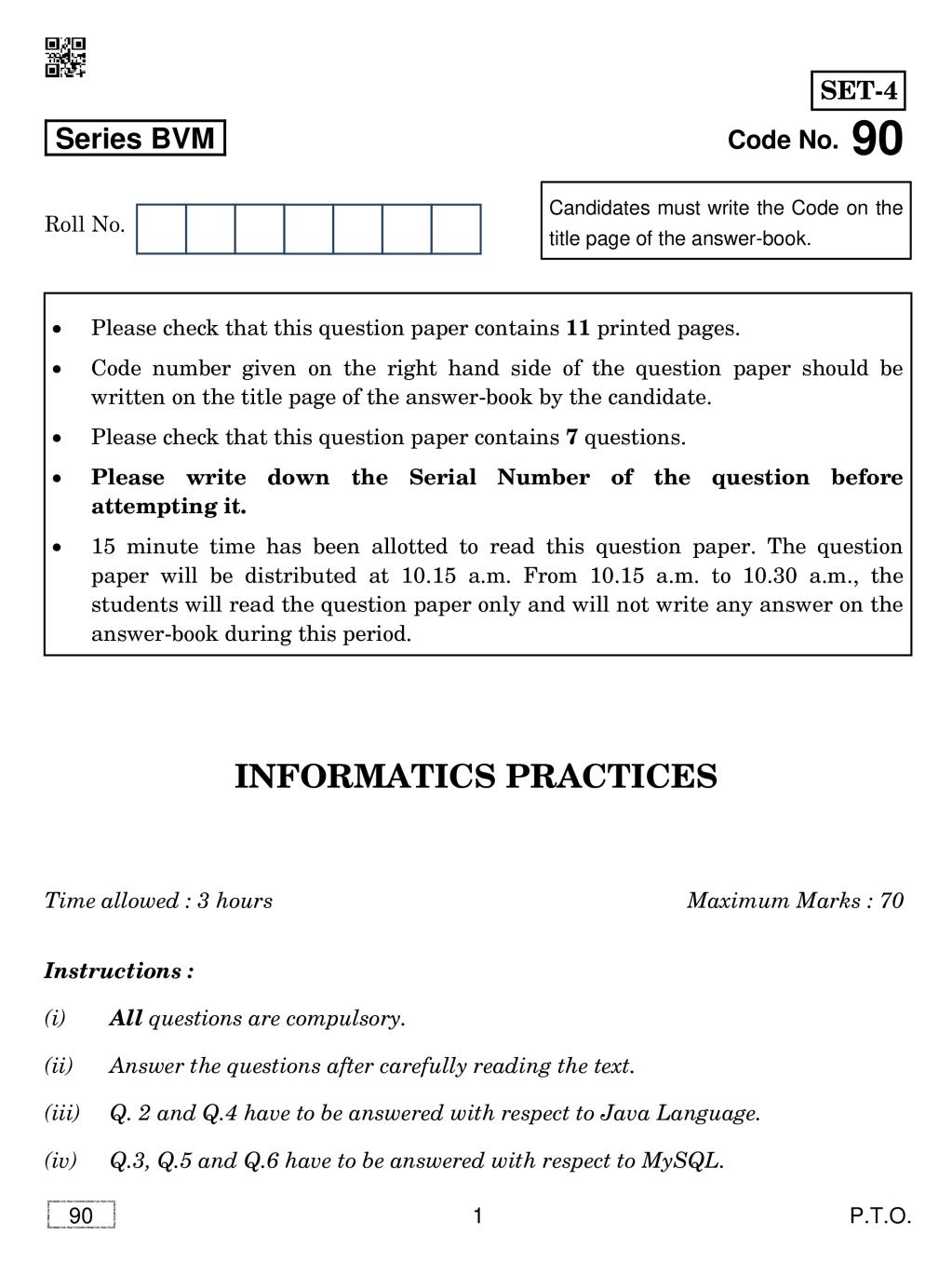 CBSE Class 12 Informatics Practices Question Paper 2019 - Page 1