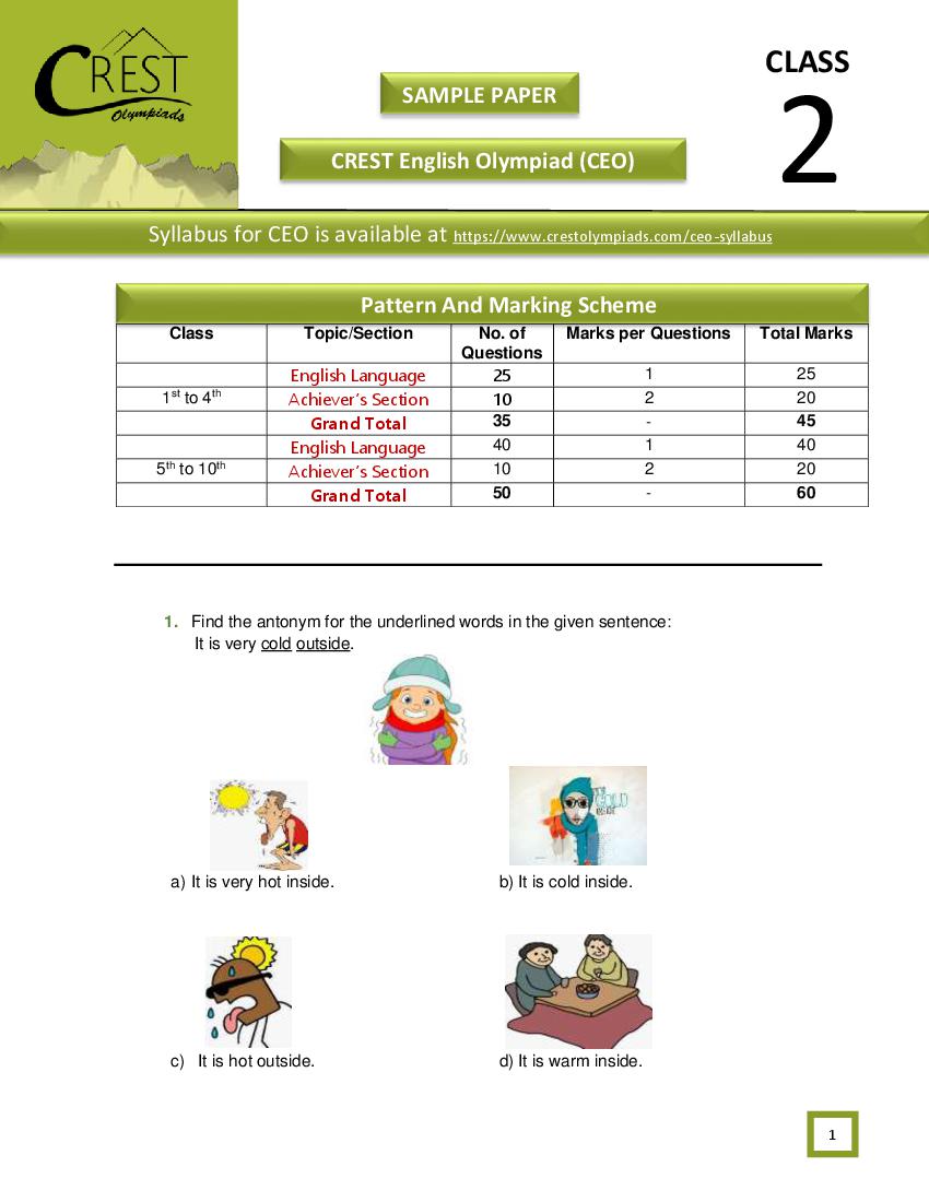 CREST English Olympiad (CEO) Class 2 Sample Paper - Page 1