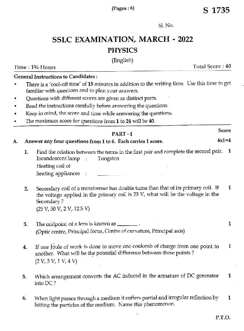 Kerala SSLC 2022 Question Paper Physics - Page 1