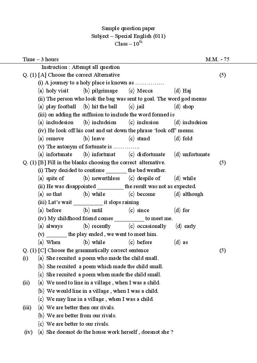 CG Board 10th Sample Paper English Specific - Page 1