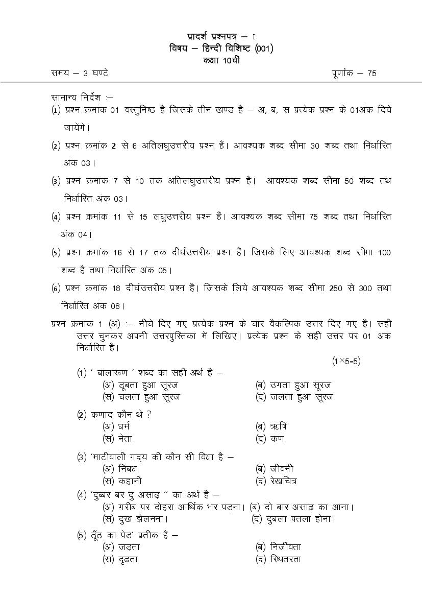 CG Board 10th Sample Paper 2020 Hindi Special - Page 1