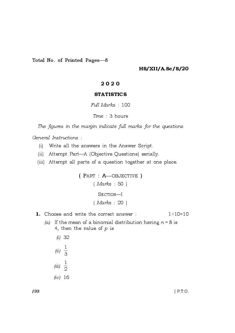 MBOSE Class 12 Question Paper 2020 for Statistics - Page 1