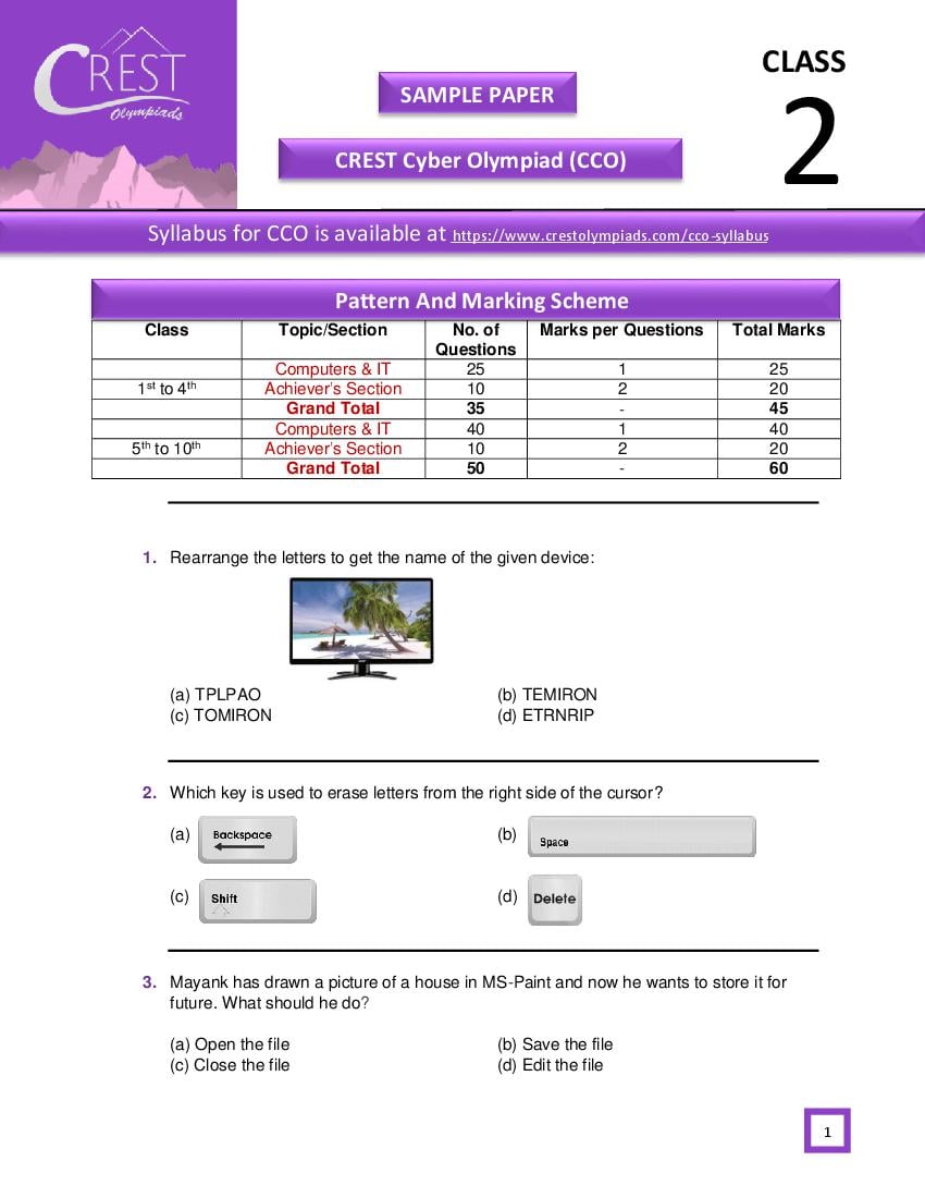 CREST Cyber Olympiad (CCO) Class 2 Sample Paper - Page 1