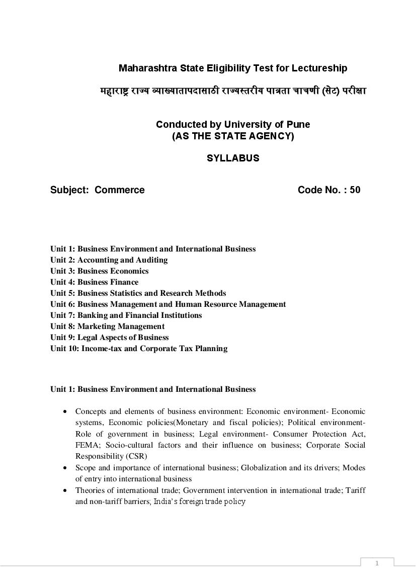 MAHA SET 2020 Syllabus Commerce - Page 1 of 6