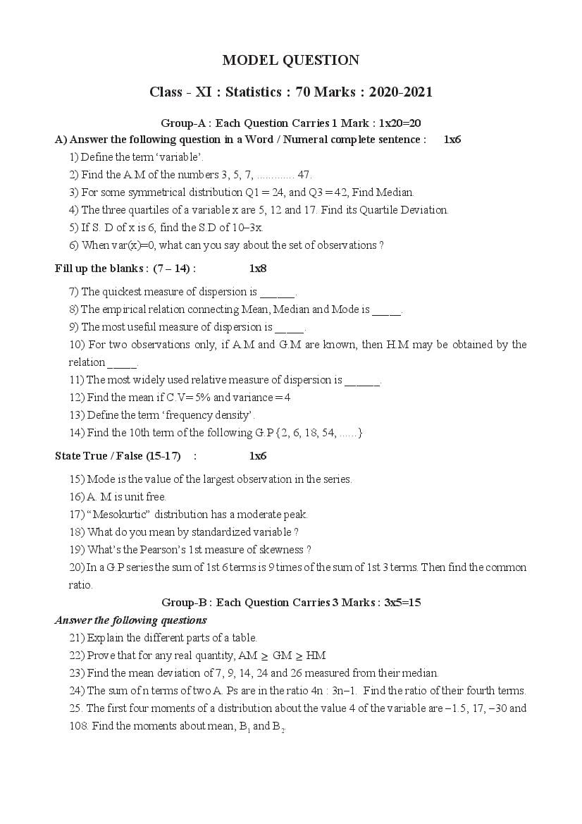 TBSE Class 11 Model Question Paper for 2021 Statistics - Page 1