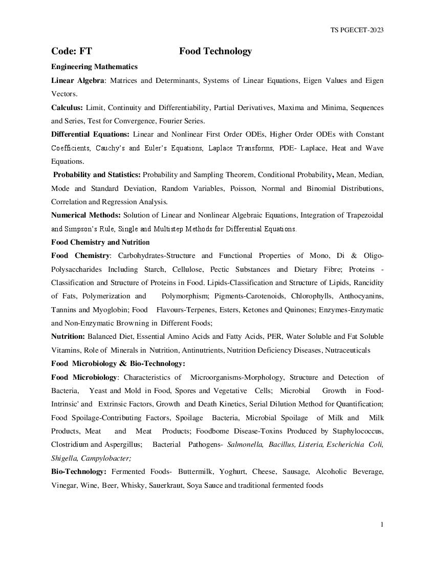 TS PGECET 2023 Syllabus Food Technology (FT) - Page 1