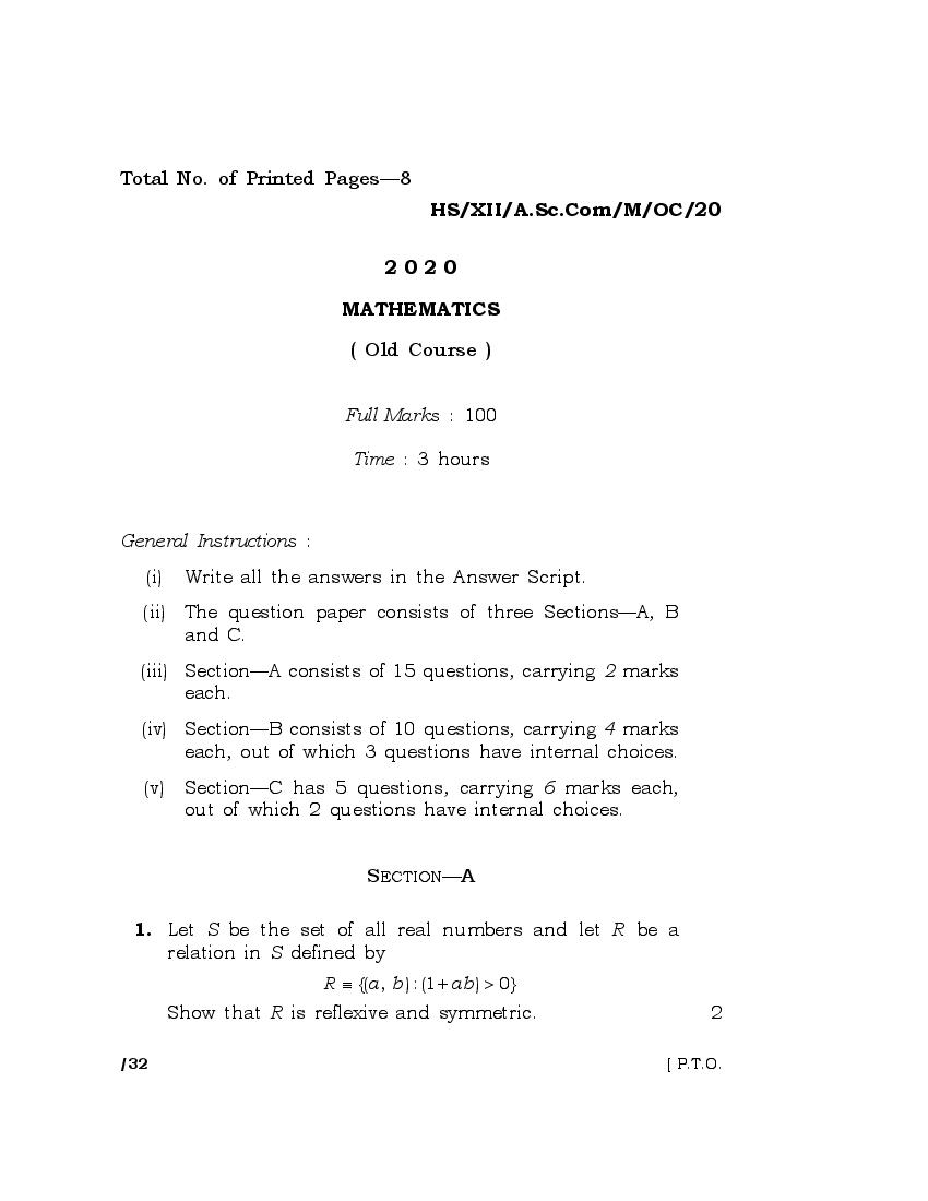 MBOSE Class 12 Question Paper 2020 for Mathematics Old Course - Page 1