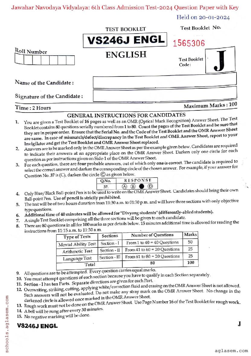 JNVST 2024 Question Paper - Page 1