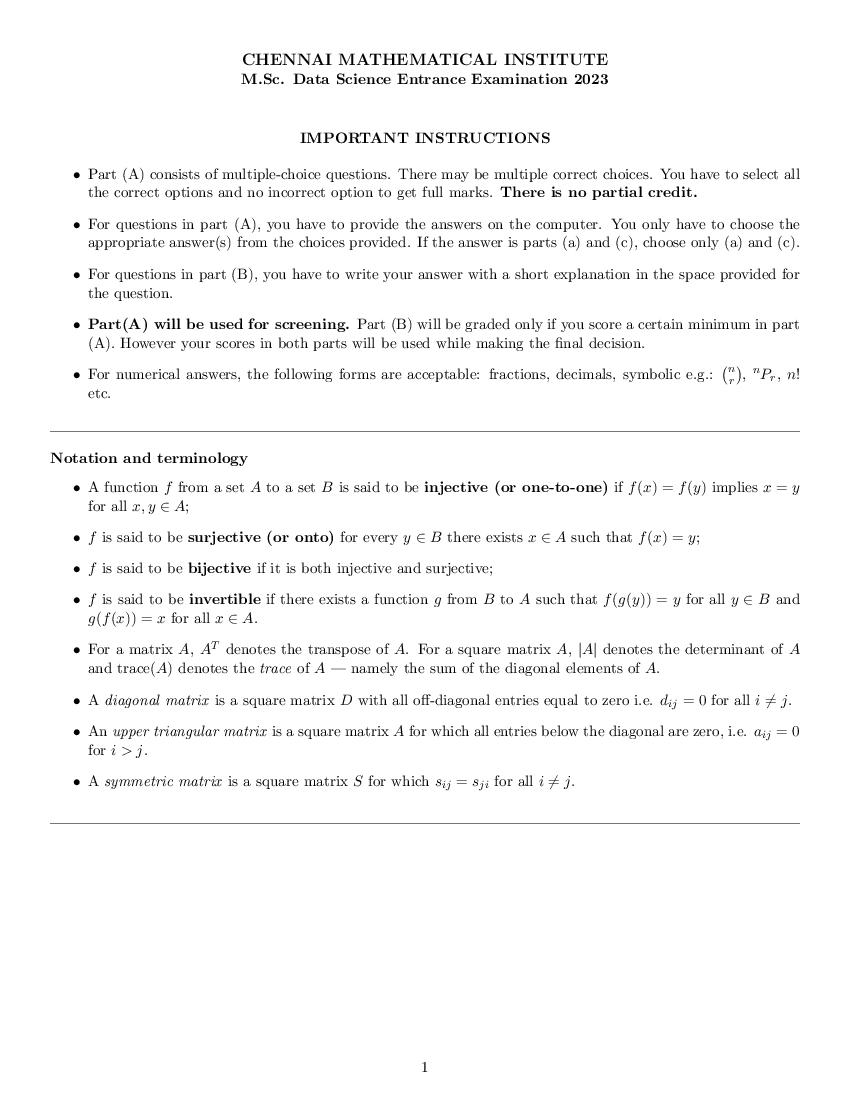 CMI Entrance Exam 2023 Question Paper M.Sc in Data Science - Page 1