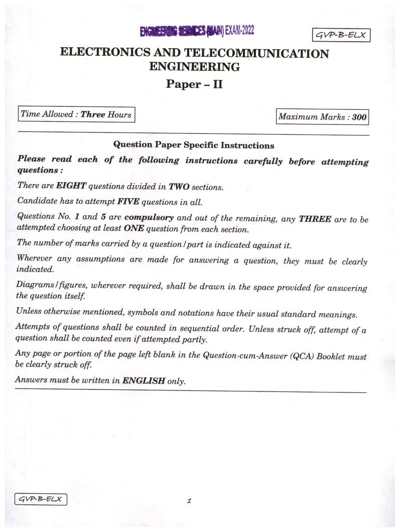 UPSC IES 2022 (Mains) Question Paper for Electronics and Telecommunication Engineering Paper II - Page 1