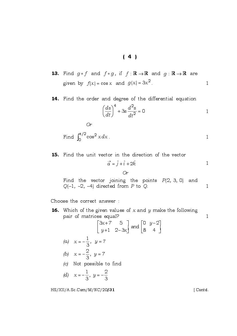 Meghalaya Board (MBOSE) Class 12 Question Paper for Maths | AglaSem Schools