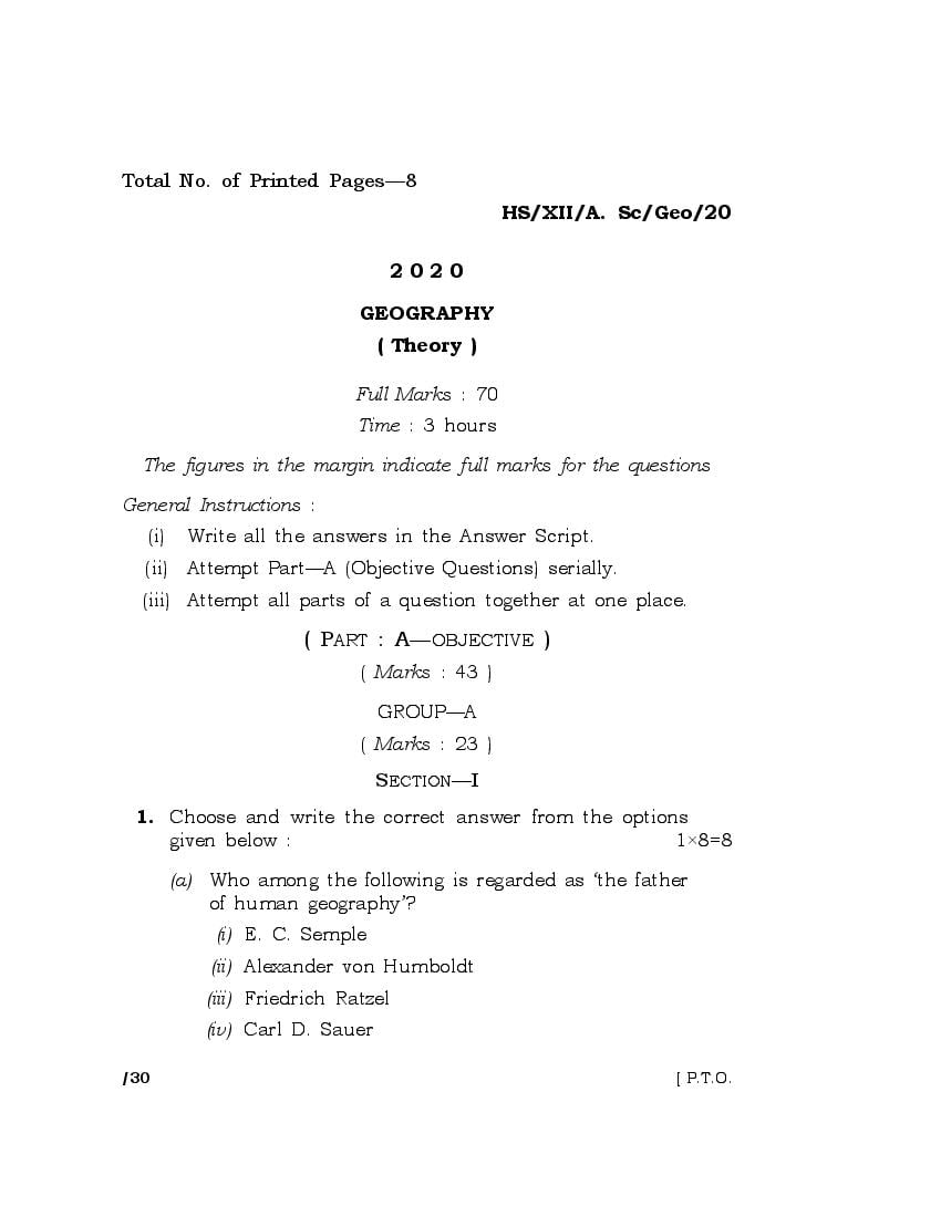 MBOSE Class 12 Question Paper 2020 for Geography - Page 1