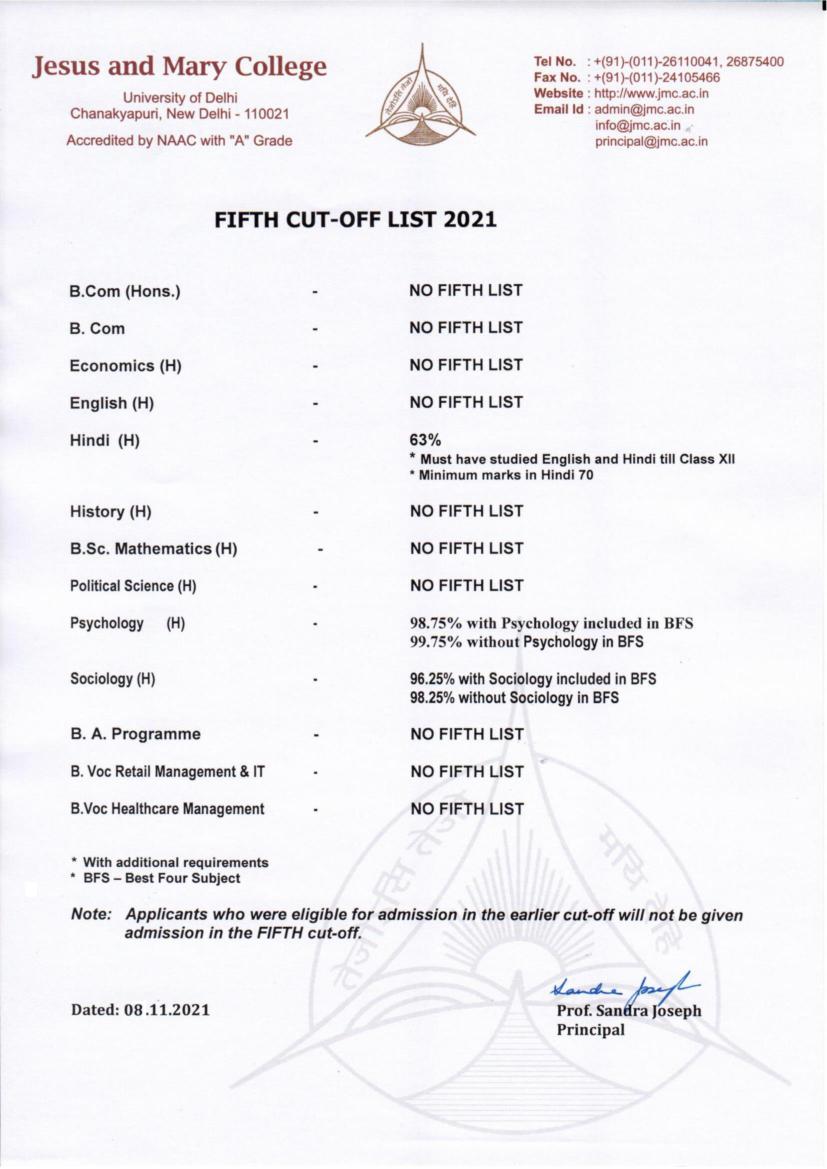 Jesus and Mary College Fifth Cut Off List 2021 - Page 1