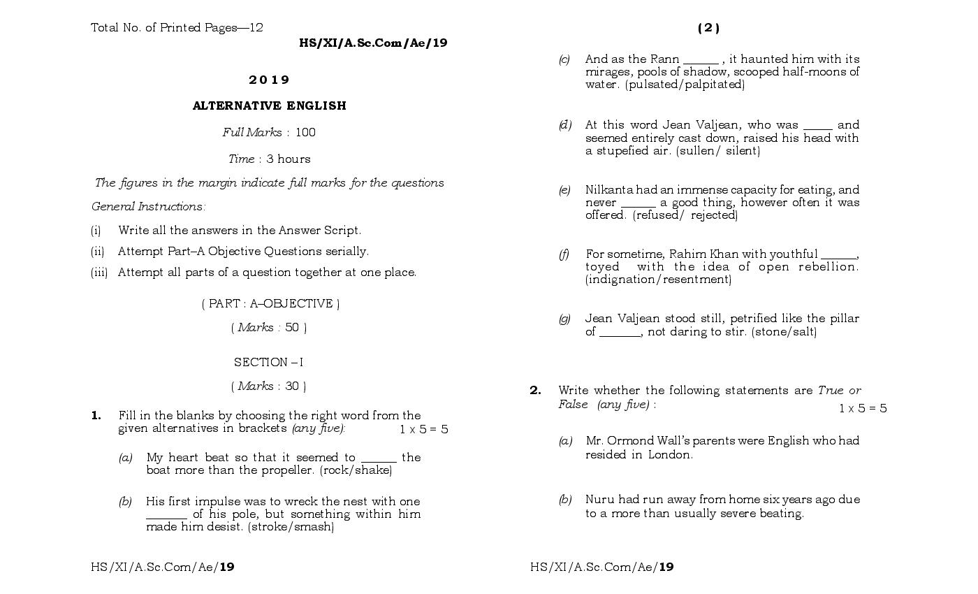 MBOSE Class 11 Question Paper 2019 for Alternative English - Page 1