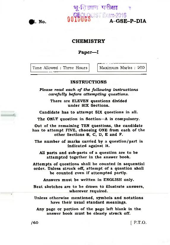 UPSC CGGE 2016 Question Paper Chemistry I - Page 1