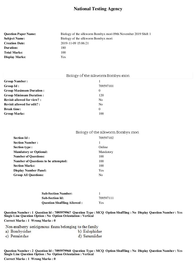 SWAYAM 2019 Question Paper Biology of the silkworm Bombyx mori - Page 1 of 15