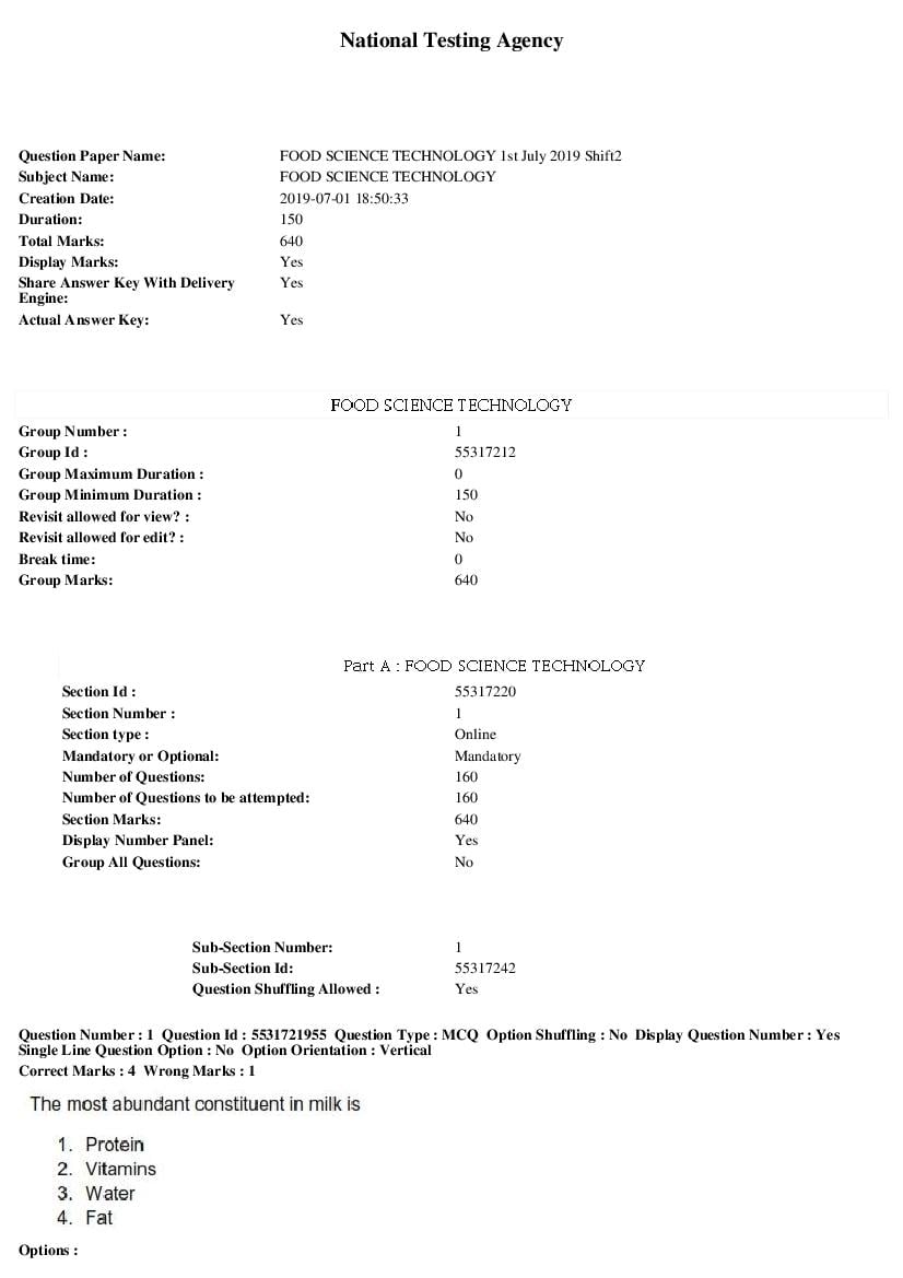 ICAR AIEEA PG 2019 Question Paper Food Science Technology 1 Jul Shift 2 - Page 1