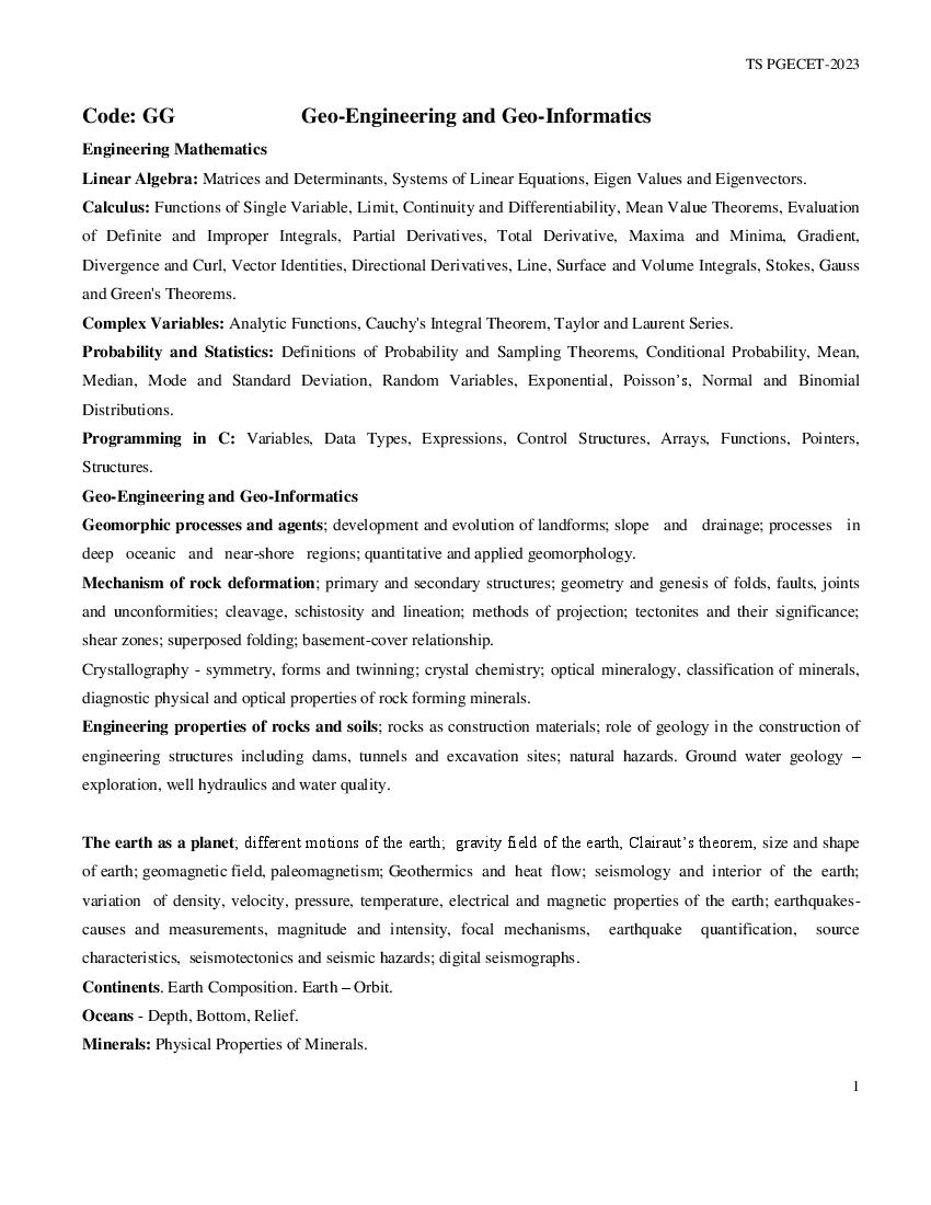 TS PGECET 2023 Syllabus Geo-Engineering and Geo-Informatics (GG) - Page 1